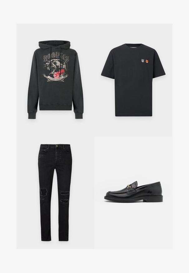 Must kapuutsiga dressipluus, millel on karjuv panter, punased lilled ning esiküljel tekstid "Kooples" ja "Wild Tour".; Must must lühikeste varrukatega T-särk, mille vasakul rinnal väikese tikitud hundi- ja rebasepeaga motiiv.; Musthave mustad teksad, millel on kitsas lõige, and jalakäijate reies on kulumised, toon-tooni õmblus ja klassikaline nupuväärist ja luku sulgur.; Mustad nahast loafers ümarate varvastega, millel on kuldne riistvaraline aksessuaar ja tikandite detail, paigutatud madalale, tekstureeritud kummist tallale.