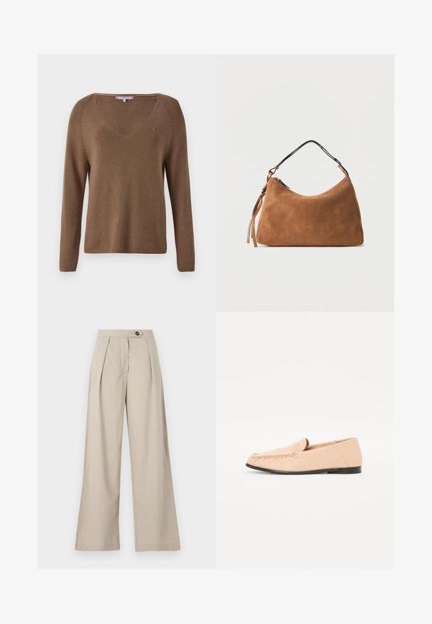 Pull en tricot marron avec un col en V, des manches longues, une texture côtelée et un petit logo sur la poitrine gauche.; Pantalon large beige à taille haute, avec des plis, une fermeture à un bouton et une texture de tissu lisse.; Mocassins en cuir beige avec des détails brodés, une semelle noire plate et un bout arrondi. Design minimaliste sans quincaillerie ou accents visibles.; Sac à épaule en daim marron avec sangle réglable et fermeture éclair dorée, avec un logo "Tommy Hilfiger" doré subtil au centre devant.
