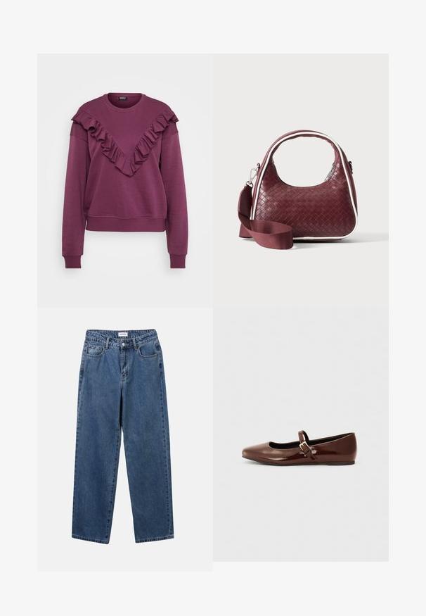 Lila Langarm-Sweatshirt mit einem V-förmigen Rüschendetail über der Brust und den Schultern, gerippten Bündchen und Saum.; Klassische blaue Denim-Jeans mit geradem Bein, fünf Taschen und Knopfverschluss. Sie verfügen über eine mittelblau gewaschene Optik und sind aus robuster Textur.; Braune Lackleder-Ballerinas mit quadratischer Zehenform und Riemen mit einer kleinen goldenen Schnalle. Glatte Textur, niedriger Absatz und minimalistisches Design.; Dunkelrote gewebte Ledertasche mit gebogenem Griff, weißem Besatz, silbernem Reißverschluss und abnehmbarem breitem Stoff-Schulterriemen vor einfarbigem Hintergrund.