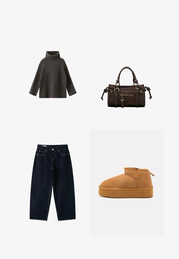 Donkergrijze coltrui met lange mouwen en geribde boorden en zoom.; Donkerblauwe jeans met wijde pijpen, hoge taille, knoop aan de voorkant, rits en vijf zakken met zichtbare stiksels.; Bruine suède enkellaarzen met een ronde neus, laag uitgesneden ontwerp en een gestructureerde rubberen zool met een lichte plateauzool en een trekhaak.; Donkerbruine leren handtas met dubbele handvatten, voorvak met ritssluiting, decoratieve gespen en zijknopen op een witte achtergrond.