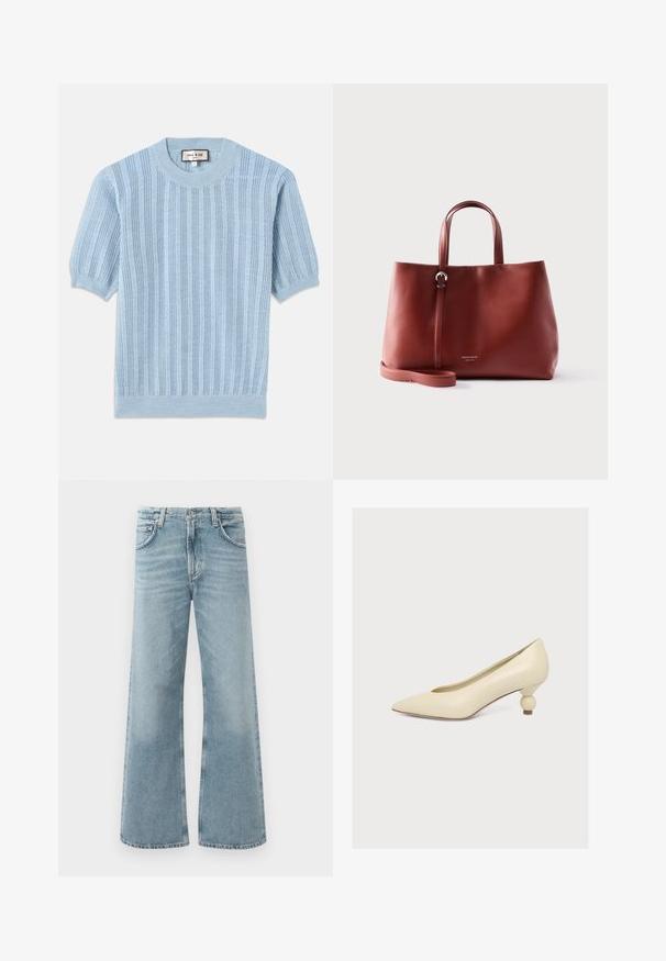 Lyseblå strikket kortærmet sweater med ribbet tekstur, rund halsudskæring og syet detaljering langs kroppen.; Lysblå vid-leg jeans lavet af denim. Har en høj talje, fem lommer og diskret falmning gennem stoffet.; Kremfarvet pump med spids tå og lav, unik pæreformet hæl på ensfarvet hvid baggrund.; Brun lædernettaske med dobbelte håndtag og justerbar skulderrem, sat mod en ensfarvet lys baggrund.