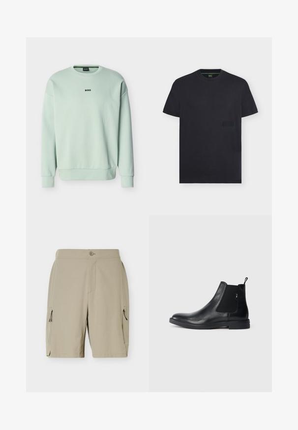 Lysegrøn crewneck-sweatshirt med lange ærmer og "BOSS"-logo centralt placeret på brystet.; Sort T-shirt med korte ærmer og rund halsudskæring med diskret præget logo ved brystlommens område og grøn detalje inde i kraven.; Beige knælange shorts med knaplukning og lommer med lynlås på hver side, designet til afslappet eller udendørs brug.; Sorte læder Chelsea støvler med elastiske sidepaneler, en pull-tab og en flad gummisål. Glat tekstur med minimal detaljer.
