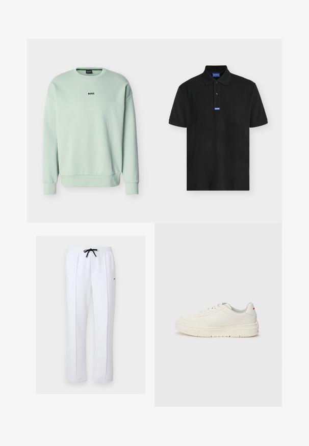 Lysegrøn crewneck-sweatshirt med lange ærmer og "BOSS"-logo centralt placeret på brystet.; Sort polo med korte ærmer, krave, to knapper og et lille blåt "HUGO" logo-tag centreret under knapperne.; Hvide bukser med lige ben, frontfold, elastisk taljebånd, sort snøre og lille logodetalje på højre lår.; Hvide sneakers med en glat læderoverdel, rund tå, flade snørebånd og en struktureret gummisål. Der er en rød detalje på hælen.