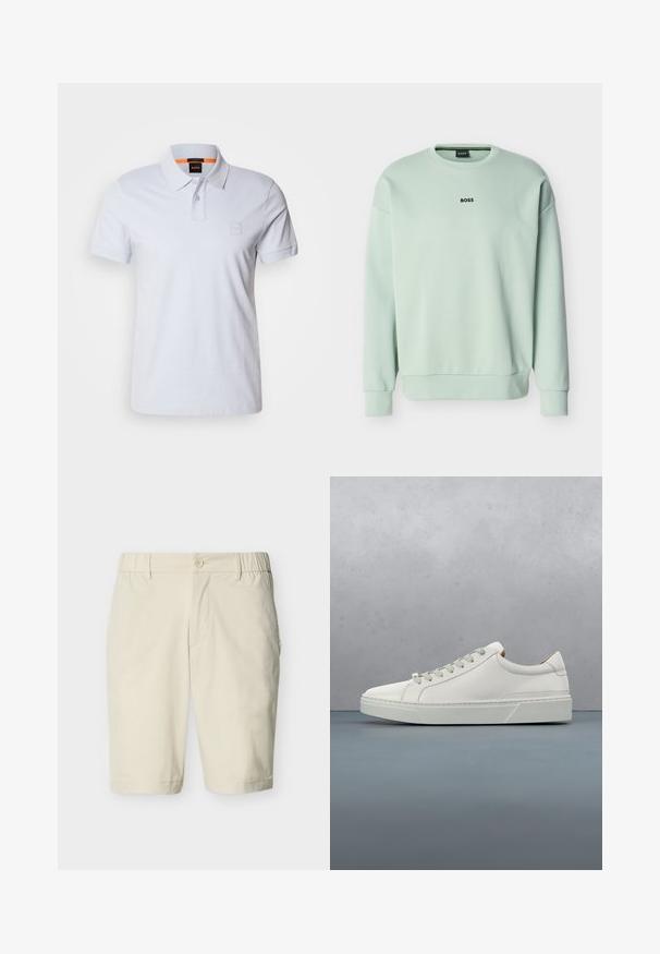 Sudadera de cuello redondo verde claro con mangas largas y logo "BOSS" centrado en el pecho.; Camisa polo blanca con cuello, mangas cortas y un sutil parche de logo. Fabricada en algodón, presenta una textura suave y un diseño clásico.; Pantalones cortos beige hasta la rodilla con cierre de botones, cinturas laterales elásticas, trabillas para cinturón y bolsillos laterales sobre un fondo liso.; Zapatilla blanca de cuero con punta redondeada, diseño minimalista, cordones grises y suela de goma texturizada gris. Detalles de costura sutiles visibles.