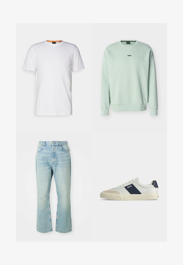 Hellgrüner Pullover mit Rundhalsausschnitt, langen Ärmeln und dem "BOSS"-Logo mittig auf der Brust.; Weißes Baumwoll-T-Shirt mit Rundhalsausschnitt, kurzen Ärmeln und einem dezenten geprägten Logo auf der Brust. Das Innenschild hat einen orangefarbenen Akzent.; Hellblaue, ausgestellte Jean mit hoher Taille, ausgestattet mit fünf Taschen, Gürtelschlaufen und einem ausgewaschenen Denim-Look.; Weißer Sneaker mit niedrigem Schaft, beiger Zehenkappe, dunkelblauem Seitenstreifen mit dem Schriftzug BOSS, weißen Schnürsenkeln und Gummisohle auf neutralem Hintergrund.