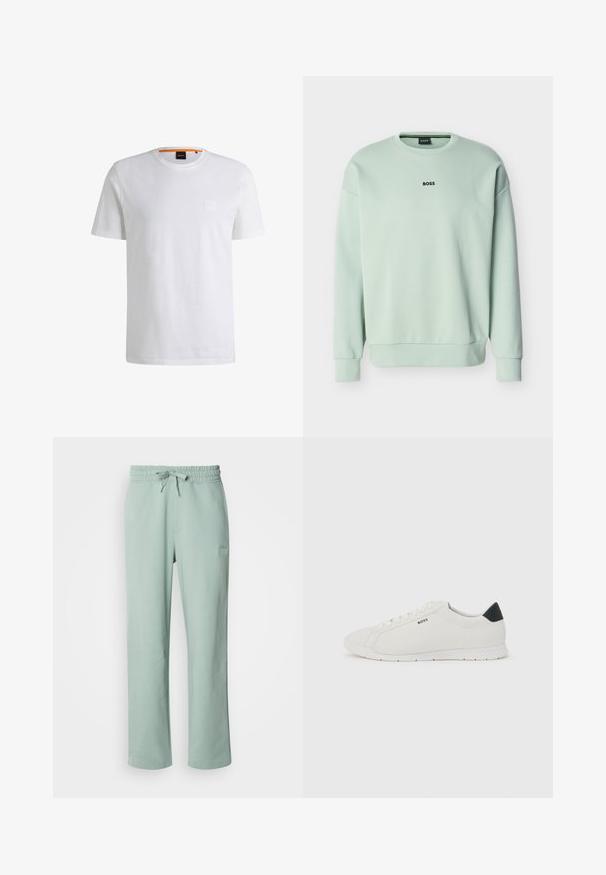 Sudadera de cuello redondo verde claro con mangas largas y logo "BOSS" centrado en el pecho.; Camiseta de algodón blanca con mangas cortas y cuello redondo. Presenta un sutil parche de logo en el frente y un acento naranja en el cuello.; Pantalones deportivos verde claro con cinturilla elástica y cordón. Presentan bolsillos laterales y un pequeño parche con logotipo en la parte frontal. Textura suave.; Zapatilla blanca de corte bajo con pestaña negra en el talón, cordones blancos y el logo "BOSS" en el lateral, mostrada sobre un fondo claro y sencillo.
