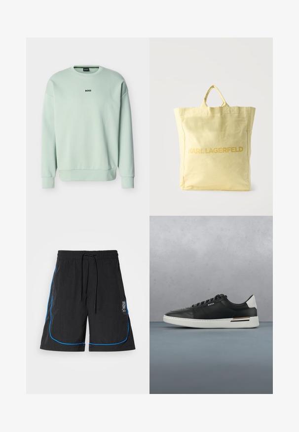 Lichtgroene ronde hals sweatshirt met lange mouwen en het "BOSS"-logo gecentreerd op de borst.; Zwarte zwembroek met een trekkoord in de taille, voorzien van blauwe piping langs de naden en een logo op het linkerdij. Lichtgewicht stof.; Zwarte leren sneaker met witte zool, voorzien van perforaties, vetersluiting, logo aan de zijkant en contrasterend hieldetail in wit en bruin.; Lichtgele stoffen draagtas met dubbele handvatten en de merknaam "KARL LAGERFELD" in dikke letters gedrukt aan de voorkant.
