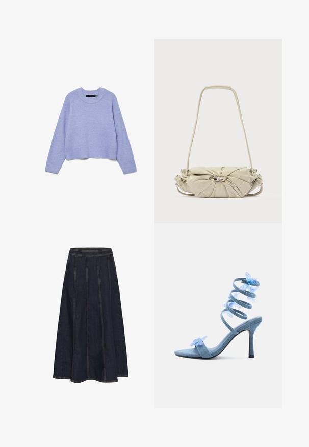 Lyse lilla, cropped sweater lavet af blødt, ribbet materiale. Har en rund halsudskæring og lange ærmer med teksturerede detaljer.; Mørk denim A-line nederdel med bredtalje, synlig syning og svajet kant. Ingen lommer eller pyntedesign er til stede.; Lyseblå højhælede sandaler med spiral ankelsnor og gennemsigtige blå sommerfugledekorationer på tå- og ankelsnore.; Beige skuldertaske i læder med samlet design og sølv spænde, der har en lang rem og polstret håndtag.