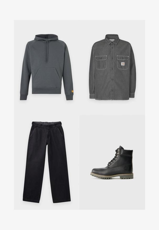 Dunkelgrauer Kapuzenpullover mit vorderer Kängurutasche und Kordeln, gerippte Bündchen und Saum, kleines oranges Logo am linken Ärmelbündchen.; Dunkelgraue Hemdjacke aus Denim, mit zwei Brusttaschen, Knopfleiste und kontrastierenden weißen Nähten. Carhartt-Logo auf der Tasche.; Schwarze weite Hosen aus robustem Stoff, mit flachem Bund, zwei seitlichen Taschen und einer glatten Textur.; Schwarze Leder-Stiefelette mit Schnürdesign, gepolstertem Kragen und strukturiertem Einsatz. Verfügt über eine robuste Sohle und ein geprägtes Logo an der Seite.