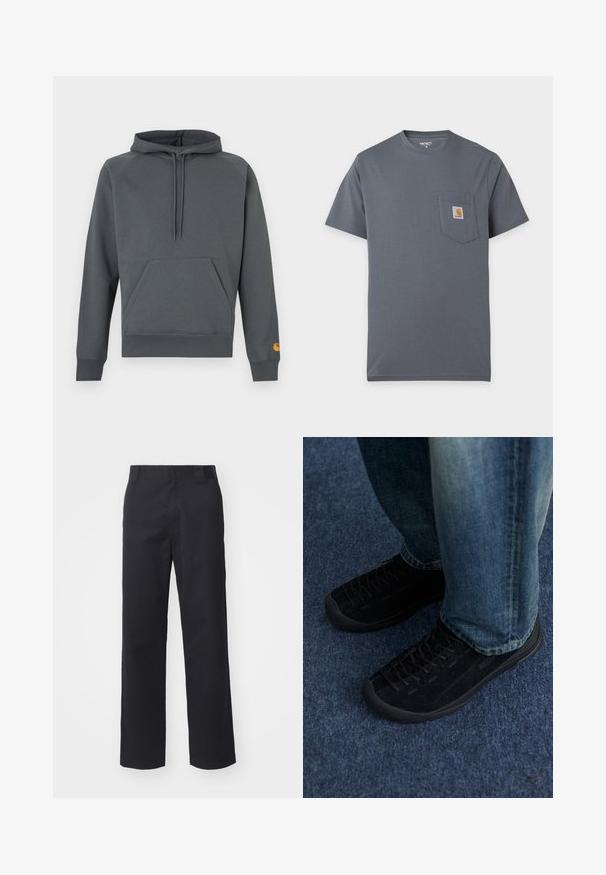 Sudadera con capucha gris oscuro con bolsillo delantero tipo canguro y cordones, puños y dobladillo acanalados, pequeño logo naranja en el puño de la manga izquierda.; Camiseta gris de manga corta con un bolsillo delantero que tiene un pequeño parche cuadrado con el logo de Carhartt en el pecho.; Pantalones rectos negros hechos de una mezcla de algodón. Cuentan con una cintura plana con presillas para cinturón y sin hardware o adornos visibles.; Zapatillas de ante negro con superficie texturizada, cordones sutiles y suelas de goma duraderas, combinadas con jeans de denim azul.
