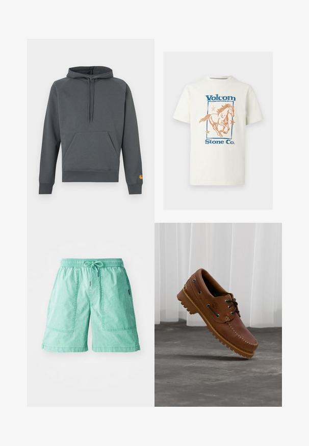 Mørkegrå hættetrøje med front-kanguru lomme og snore, ribstrikkede manchetter og kant, lille orange logo på venstre ærmemanchet.; Hvid T-shirt i bomuld med grafik af en galopperende hest, blå "Volcom" tekst og orange stjerner inden for en rektangulær ramme.; Mintgrønne shorts lavet af letvægtsstof, med elastisk liv, snøre og to sidelommer med stikninger.; Brun læder bådsko med sorte snørebånd, beige syninger og en robust sål, hængende over en grå betongulv.