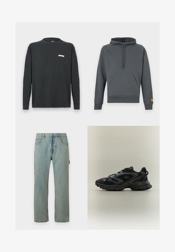 Dunkelgrauer Kapuzenpullover mit vorderer Kängurutasche und Kordeln, gerippte Bündchen und Saum, kleines oranges Logo am linken Ärmelbündchen.; Schwarzes Langarm-T-Shirt aus Baumwolle mit Rundhalsausschnitt und einem weißen "obey"-Logo auf der linken Brust. Glatte Textur, lockere Passform.; Hellblaue, locker sitzende Denim-Jeans mit fünf Taschen, einem Knopfverschluss und sichtbaren Nähten. Der Stoff hat ein verblasstes, strukturiertes Aussehen.; Schwarzer Sportschuh mit Netz панели, einer strukturierten Sohle, Schnürsenkeln und einer geschwungenen Silhouette mit silbernen Akzenten an den Seiten.