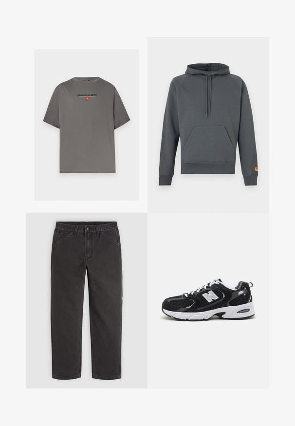 Sweat à capuche gris foncé avec poche kangourou avant et cordons, poignets et ourlet côtelés, petit logo orange sur le poignet de la manche gauche.; T-shirt gris à manches courtes avec le logo "OAKLEY" et un petit graphisme rouge centré sur la poitrine, présenté sur un fond blanc uni.; Pantalon noir droit avec poches avant, passants pour ceinture, fermeture par bouton et coutures visibles sur un fond uni.; Baskets de sport noires et grises avec un tige en mesh et en suède, présentant une semelle intermédiaire blanche, des lacets et un logo "N" audacieux sur le côté.