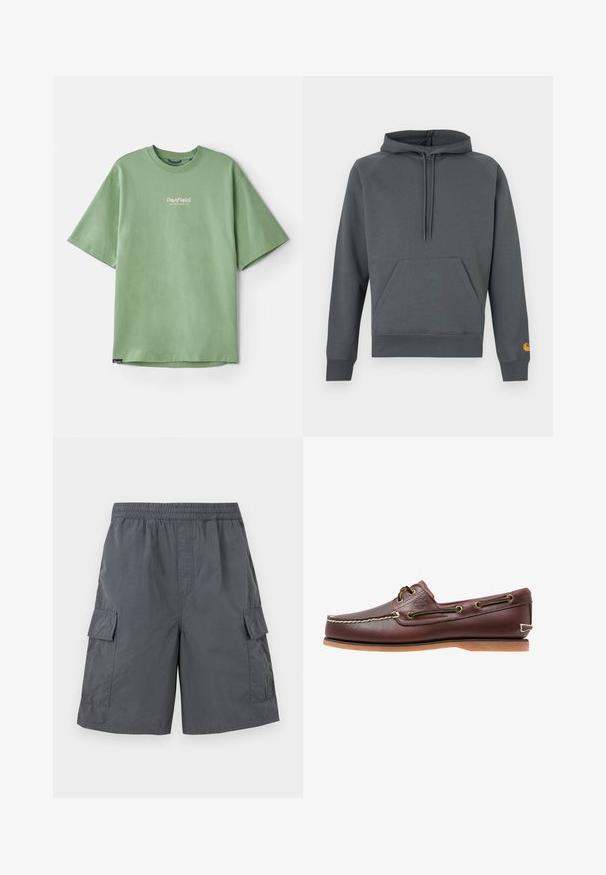 Sweat à capuche gris foncé avec poche kangourou avant et cordons, poignets et ourlet côtelés, petit logo orange sur le poignet de la manche gauche.; T-shirt vert à manches courtes en coton, avec un col rond et un petit logo blanc sur la poitrine. Texture lisse, coupe décontractée.; Short cargo gris foncé avec taille élastique et poches à rabat de chaque côté, présenté sur un fond clair.; Chaussure bateau en cuir marron avec coutures blanches, détails de lacets et semelle en caoutchouc beige, vue de côté sur fond blanc.