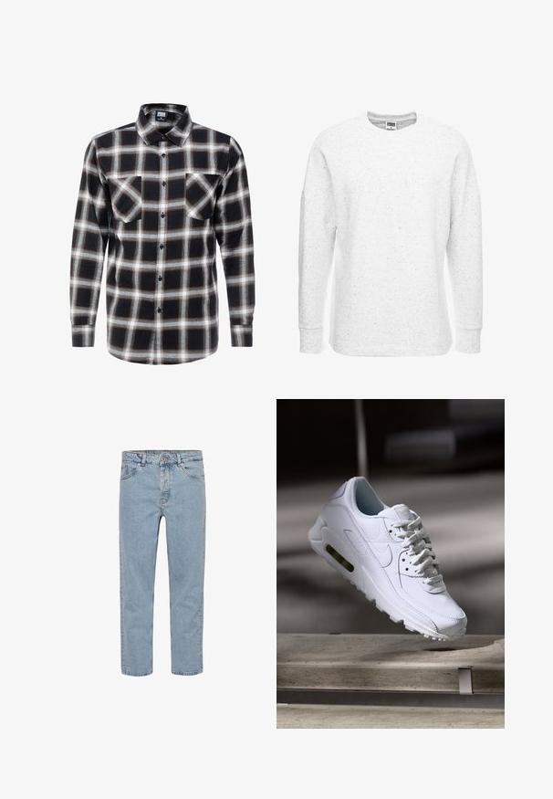 Hvid langærmet sweatshirt med en struktureret, ribbet design og subtile sorte prikker. Har en rund halsudskæring og ribbede manchetter.; Langærmet ternet skjorte i sort, hvid og brun. Har en krave med knaplukning og to brystlommer med knaplukning.; Lyseblå denimjeans med lige ben, fem lommer, bæltestropper og knaplukning, vist på en ensfarvet hvid baggrund.; Hvide lædersneakers med teksturerede overflader, polstret krave og synlig luftpolstring i sålen. Har snørrebånd og et minimalistisk design.