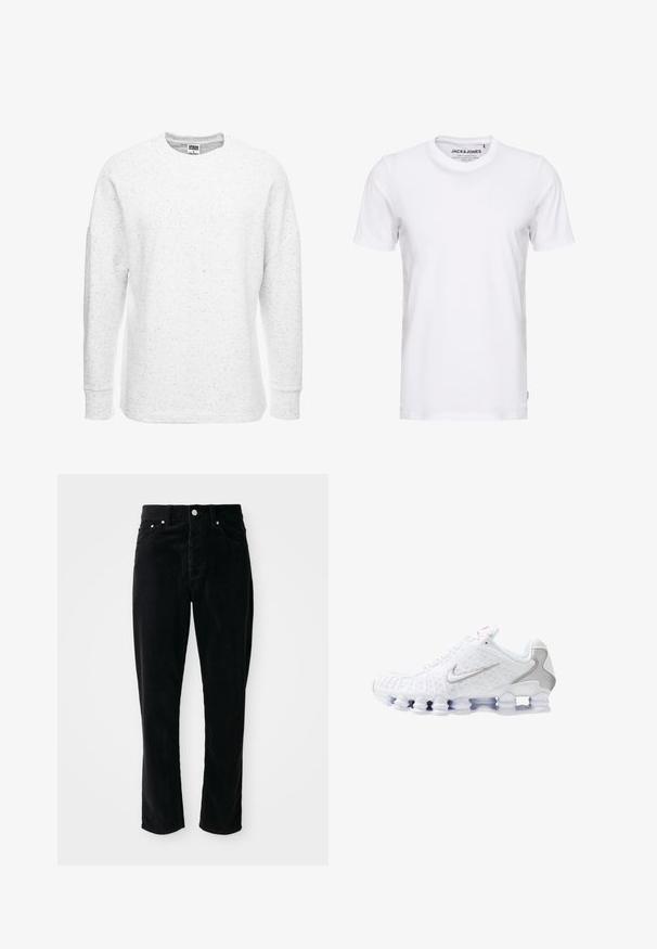 Witte sweatshirt met lange mouwen, voorzien van een gestructureerd, ribgebreid ontwerp en subtiele zwarte spikkels. Heeft een ronde hals en ribgebreide manchetten.; Witte korte mouwen t-shirt van katoen, met een ronde hals en een eenvoudig ontwerp. Merktag zichtbaar op het nekgebied. Geen patronen of accenten.; Zwarte corduroypantalons met een hoge taille, rechte pijpen, vijf zakken en zilverkleurige hardware, met een getextureerd ribpatroon over de gehele stof.; Witte sportschoenen met een gestructureerd bovenwerk, een zilveren swoosh-logo, meshpanelen en een opvallende gesegmenteerde witte zool.