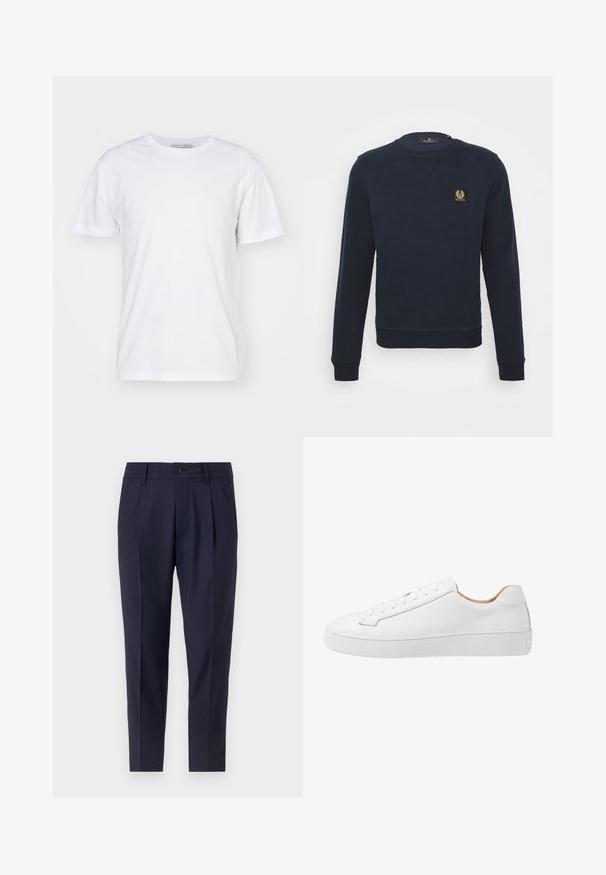 Mørkeblå sweatshirt med ribbet udskæring, manchetter og afslutning. Har et lille guldlogo-patch på venstre brystområde. Klassisk pasform.; Hvid bomulds t-shirt med rund halsudskæring, korte ærmer og lige snit. Ingen mønstre eller udsmykninger, glat tekstur og enkel design.; Marineblå bukser med skræddersyet pasform, der har plisseringer, knaplukning og sidelommer. Lavet af et glat stof med en let glans.; Hvide lædersneakers med en glat overflade, afrundet tå, flad snørebåndsdesign og en tyk gummisål med et struktureret grebmønster.