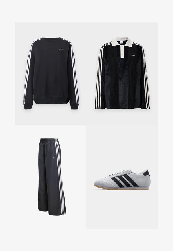 Sort sweatshirt med lange ærmer, hvide striber ned langs hver arm og et lille gråt logo på brystet. Bomuldsmateriale, afslappet pasform.; Sort fløjl langærmet polo shirt med en hvid ribbestrikket krave, tre knapper, struktureret front og tre hvide striber på hver ærme.; Sorte atletikbukser lavet af letvægtsmateriale, med tre hvide lodrette striber og en elastisk talje med snøre.; Grå atletik sko med en glat læderfinish, der har tre sorte striber, en rund tå og en sål af gummi.
