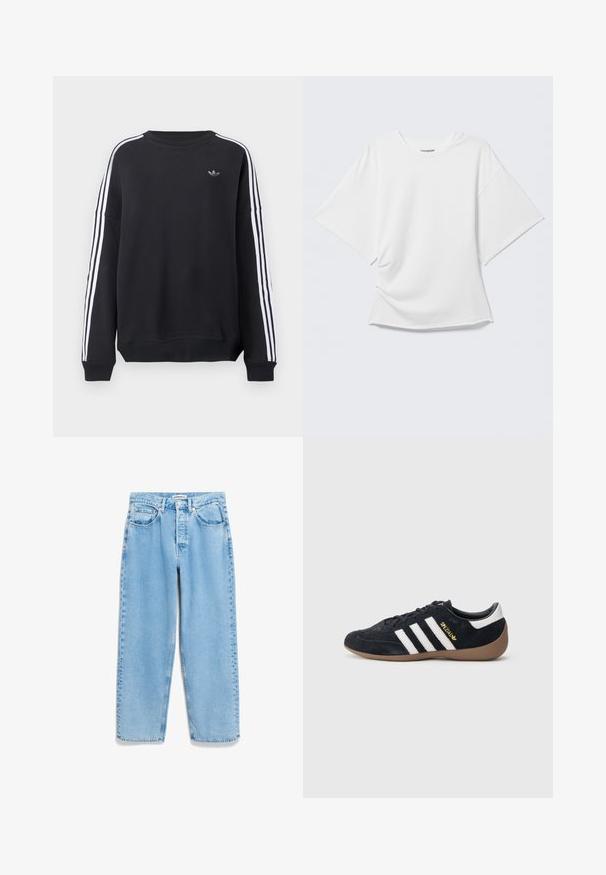 Sudadera negra con mangas largas, rayas blancas a lo largo de cada brazo y un pequeño logo gris en el pecho. Material de algodón, ajuste casual.; Camiseta blanca oversized de manga corta con cuello redondo mostrada sobre un fondo gris claro.; Vaqueros de mezclilla azul claro con un corte holgado, cintura alta, diseño de cinco bolsillos y un ligero deslavado a lo largo de las costuras de las piernas.; Zapatilla de ante negra con tres rayas blancas, suela de goma y un pequeño logo dorado en el lateral. Cuenta con un forro interior negro liso.