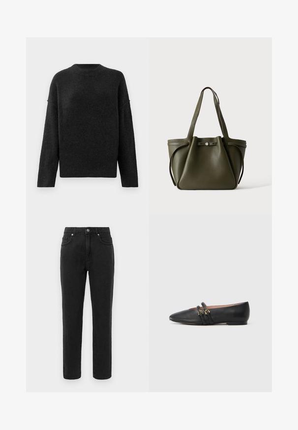 Pull noir à coupe décontractée, fabriqué en matière douce et texturée. Il se caractérise par un col rond et des manches longues avec des poignets et un ourlet côtelés.; Jean en denim noir avec une coupe droite, style à cinq poches standard et une fermeture à boutons. Présente des détails de couture subtils.; Chaussures plates en cuir noir avec un bout pointu, dotées de deux brides noires avec des accents en métal doré. Texture lisse et talon bas.; Sac cabas en cuir vert olive avec deux bandoulières et un détail de fermeture à bouton sur le devant, sur fond uni.
