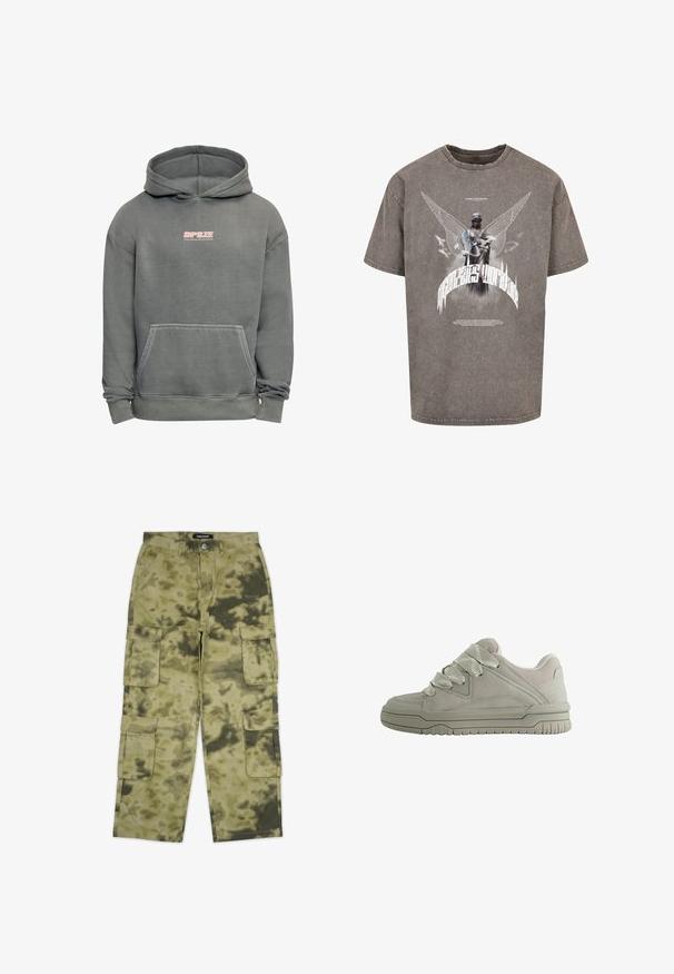 Grijze hoodie met capuchon en voorzak, met het "DPSZE" logo in rood en wit centraal op de borst.; Grijze oversized t-shirt gemaakt van katoen, met een grafische print van een gevleugeld standbeeld en gestileerde tekst op de voorkant.; Cargo pants in een camouflagepatroon, met meerdere zijvakken, gemaakt van duurzaam materiaal, in tinten groen en bruin.; Laag model grijze sneaker met dikke, gestructureerde veters, gevoerde kraag, gestikte panelen en een geribbeld rubberen zool voor grip.