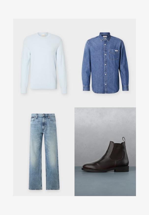 Lichtblauwe gebreide trui met lange mouwen, een ronde hals en een gestructureerd patroon, weergegeven tegen een effen witte achtergrond.; Denim overhemd in medium blauw met lange mouwen, knoopsluiting aan de voorkant en een borstzak met een logo patch. Klassiek kraagontwerp.; Lichtblauwe denim jeans met rechte pijpen, een hoge taille, vijf zakken, knoopsluiting en subtiele vervaging op de dijen en knieën.; Bruine leren Chelsea-boot met elastische zijpanelen, een trekhaak en een gladde afwerking, geplaatst tegen een gestructureerd oppervlak van baksteen en grind.