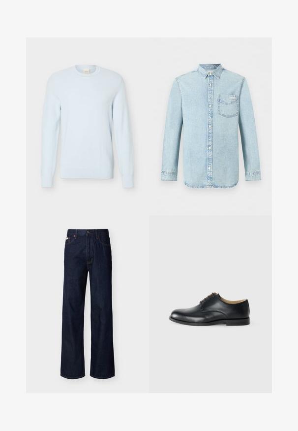 Pull en maille bleu clair à manches longues avec encolure ronde et motif texturé, présenté sur un fond blanc uni.; Chemise en denim bleu clair à manches longues, fermeture boutonnée devant, une poche poitrine simple avec le logo Calvin Klein, et un col pointu.; Jean droit en denim bleu foncé avec design à cinq poches et fermeture par boutons, présenté sur un fond clair uni.; Calvin Klein ESS DERBY - Derbies - triple black