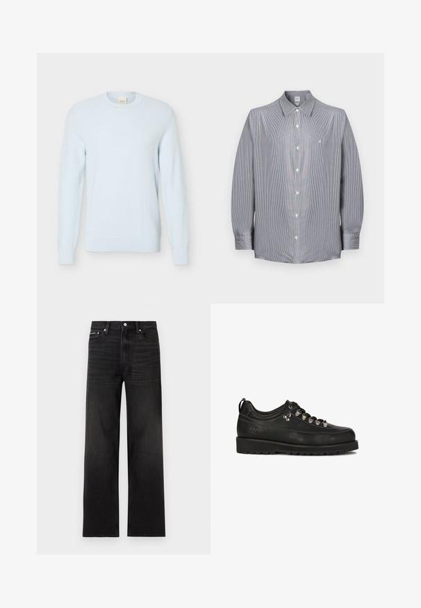 Lyseblå langærmet strikket sweater med rund halsudskæring og tekstureret mønster, vist mod en ensfarvet hvid baggrund.; Herre langærmet skjorte med fine grå og hvide striber, spids krave og lille hvid broderet logo på brystet.; Sorte jeans med lige ben, fem-lomme design, bæltestropper og knaplukning, vist på en hvid baggrund.; Kazar Studio KS BLAISE - Sporty snøresko - black