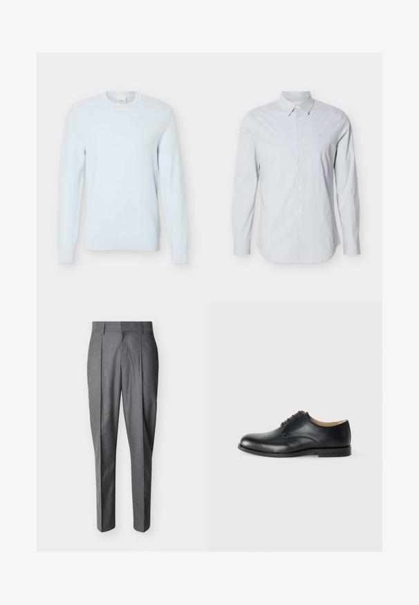 Pull en maille bleu clair à manches longues avec encolure ronde et motif texturé, présenté sur un fond blanc uni.; Chemise à manches longues avec rayures bleu clair, fabriquée en coton. Elle présente un col classique, une patte de boutonnage et des poignets réglables. Logo discret sur la poitrine.; Pantalon de tailleur gris avec plis et passants pour ceinture, présenté à plat sur un fond blanc.; Calvin Klein ESS DERBY - Derbies - triple black