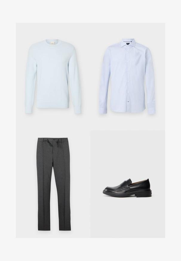 Pull en maille bleu clair à manches longues avec encolure ronde et motif texturé, présenté sur un fond blanc uni.; Chemise habillée bleu clair à manches longues avec un petit motif de points foncés, boutonnée sur le devant, col italien et poignets à un bouton.; Pantalon gris foncé à jambes droites avec plis à l'avant, fermeture par bouton, et cordons de serrage noirs à la taille sur fond blanc.; Chaussure habillée noire en cuir, à enfiler, avec un petit talon et un logo Calvin Klein discret sur le côté, présentée de profil sur un fond blanc.