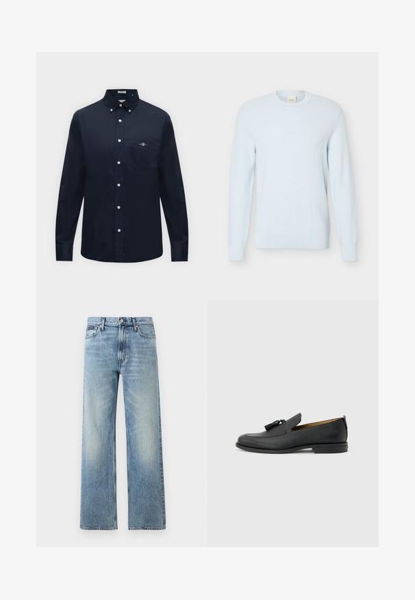 Pull en maille bleu clair à manches longues avec encolure ronde et motif texturé, présenté sur un fond blanc uni.; Chemise bleu marine à manches longues boutonnée, col boutonné et poche poitrine avec un petit logo brodé.; Jean droit en denim bleu clair avec taille haute, cinq poches, fermeture à boutons et léger délavage sur les cuisses et les genoux.; Mocassin pour homme en cuir noir avec pompons, bout arrondi, petit talon et languette à l'arrière, présenté de profil sur un fond gris clair.