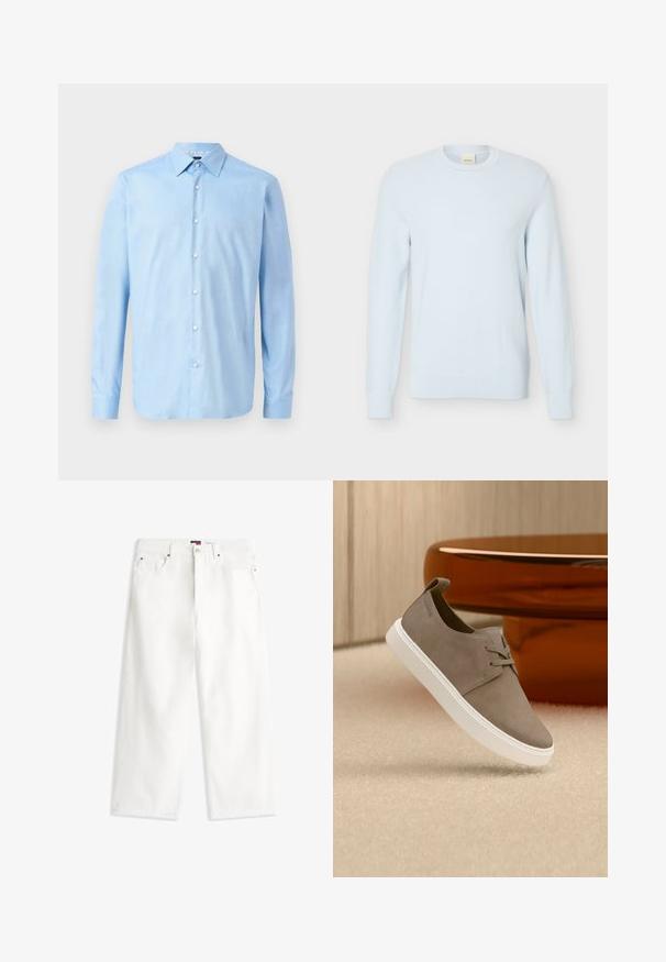 Suéter de punto de manga larga color azul claro con cuello redondo y patrón texturizado, exhibido sobre un fondo blanco liso.; Camisa azul claro de manga larga con botones, fabricada en un tejido suave. Presenta un cuello clásico y una tapeta delantera con botones blancos.; Vaqueros blancos de tiro alto y pierna ancha con botón y cremallera delanteros, cinco bolsillos y una pequeña etiqueta con el logo en la cintura.; Zapatilla deportiva de ante topo con cordones y suela blanca, flotando sobre una alfombra beige, junto a un mueble redondeado marrón brillante.