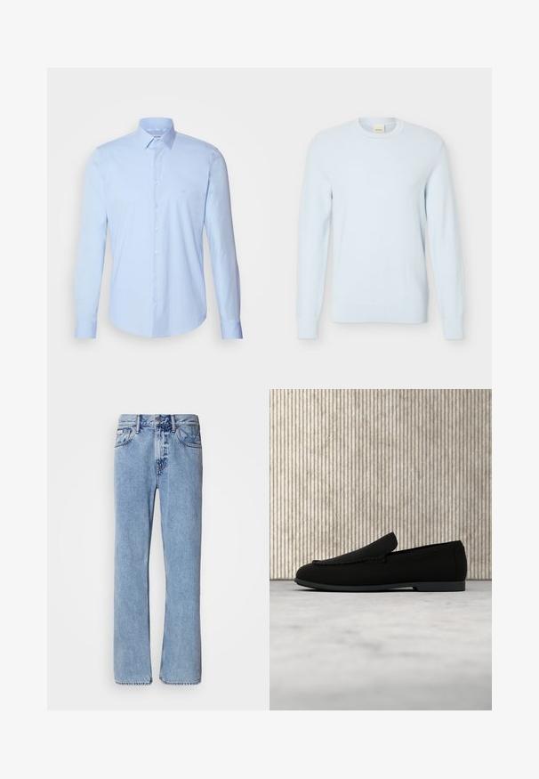 Lyseblå langærmet strikket sweater med rund halsudskæring og tekstureret mønster, vist mod en ensfarvet hvid baggrund.; Lyseblå skjorte med knaplukning, fremstillet af bomuld, med klassisk krave, lange ærmer og et lille logo på brystet. Glat tekstur.; Lyseblå denimjeans med lige ben design, fem lommer og knaplukning. Syninger nær lommer og talje.; Sort slip-on loafer-sko svævende over lyst tæppe med et buet, ravbrunt moderne bord i baggrunden.