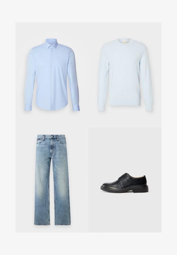 Pull en maille bleu clair à manches longues avec encolure ronde et motif texturé, présenté sur un fond blanc uni.; Chemise boutonnée bleu clair en coton, avec un col classique, des manches longues et un petit logo sur la poitrine. Texture lisse.; Jean droit en denim bleu clair avec taille haute, cinq poches, fermeture à boutons et léger délavage sur les cuisses et les genoux.; Chaussure oxford en cuir noir avec un bout rond, un laçage à l'avant et un petit talon empilé, sur fond clair.