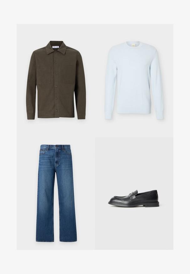 Lyseblå langærmet strikket sweater med rund halsudskæring og tekstureret mønster, vist mod en ensfarvet hvid baggrund.; Mørkegrøn, langærmet skjorte lavet af glat stof, med spidse kraver, frontknapper og to brystlommer.; Blå, højtaljede, straight-fit jeans med knapper og lynlås foran, fem lommer og en lille mærket patch på højre lomme.; Sorte læder loafers med en struktureret finish, der har en dekorativ frontrem og en rundet tå. Gummisål for holdbarhed.