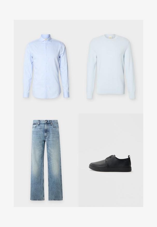 Pull en maille bleu clair à manches longues avec encolure ronde et motif texturé, présenté sur un fond blanc uni.; Chemise bleu clair à manches longues en coton texturé avec une patte de boutonnage à l'avant, un col et de discrètes rayures verticales.; Jean droit en denim bleu clair avec taille haute, cinq poches, fermeture à boutons et léger délavage sur les cuisses et les genoux.; Baskets en cuir noir avec une finition lisse, bout arrondi, coutures ton sur ton, devant à lacets et semelle plate en caoutchouc. Anse au talon.