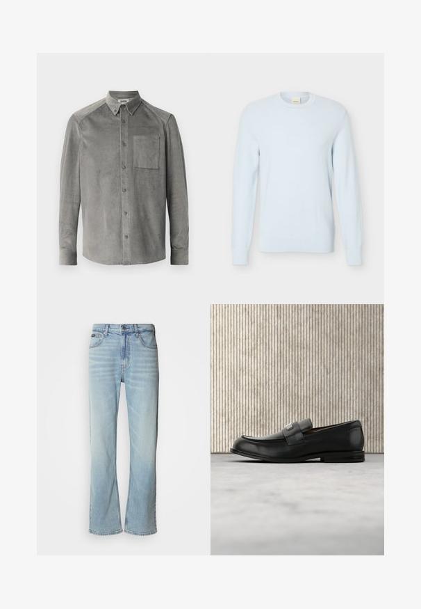 Lyseblå langærmet strikket sweater med rund halsudskæring og tekstureret mønster, vist mod en ensfarvet hvid baggrund.; Grå kordfløjl skjorte med lange ærmer, der har en frontlomme, knap-krave og vertikal ribbet tekstur; standard pasform med knaplukninger.; Lyseblå denimjeans med lige ben, der har fem lommer, knaplukning og en subtil falmning på stoffet.; Sort læderloafer med metalbrandskilt hvilende nær et brunt rundt bord på beige tæppe.