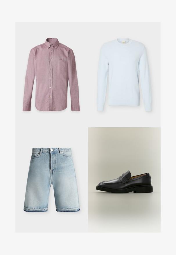 Pull en maille bleu clair à manches longues avec encolure ronde et motif texturé, présenté sur un fond blanc uni.; Chemise mauve à manches longues, boutonnée avec col et boutons visibles, posée à plat avec une broderie discrète du logo sur la poitrine gauche.; Short en denim bleu clair avec fermeture bouton et zip, passants de ceinture, poches avant et ourlets effilochés sur fond uni.; Mocassin homme en cuir noir avec un petit talon et une bride sur le dessus, montré de profil sur un fond neutre.