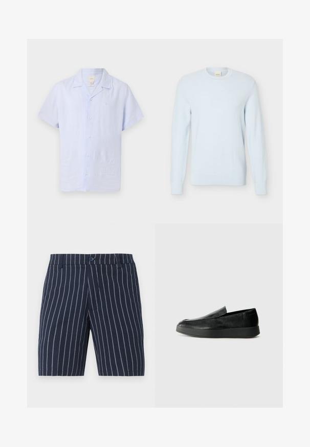 Pull en maille bleu clair à manches longues avec encolure ronde et motif texturé, présenté sur un fond blanc uni.; Chemise bleu clair à manches courtes avec col campagnard et logo discret sur la poitrine, sur fond uni.; Short bleu marine à rayures verticales blanches, fermeture par bouton, passants pour ceinture et poches latérales sur fond clair uni.; Calvin Klein HYBRID CUP - Chaussons - triple black