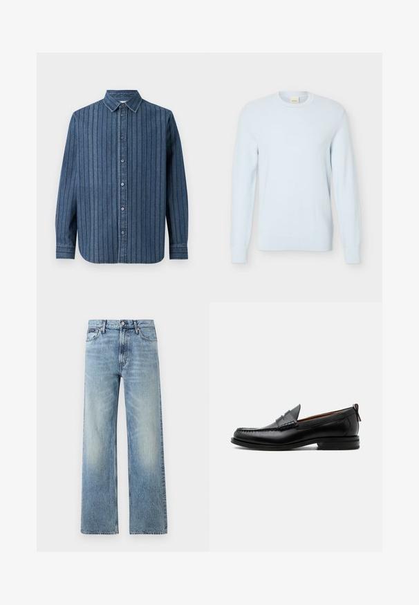 Hellblauer, langärmliger Strickpullover mit Rundhalsausschnitt und strukturiertem Muster, vor einem schlichten weißen Hintergrund präsentiert.; Samsøe Samsøe SADAMON SHIRT - Hemd - denim; Hellblaue Jeans mit geradem Bein, hohem Bund, fünf Taschen, Knopfverschluss und dezentem Verblassen an Oberschenkeln und Knien.; Schwarzer Leder-Herrenschuh mit Mokassinnaht, Penny-Riemen, strukturiertem Kragen und niedrigem gestapeltem Absatz auf weißem Hintergrund.