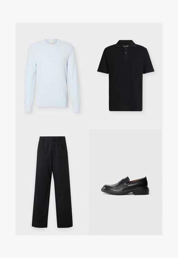 Pull en maille bleu clair à manches longues avec encolure ronde et motif texturé, présenté sur un fond blanc uni.; Polo noir manches courtes avec une patte à deux boutons et un col classique, présenté sur un fond gris clair uni.; Pantalon noir taille haute à jambes larges avec passants pour ceinture, plis devant et fermeture frontale cachée, présenté sur un fond uni.; Chaussure habillée noire en cuir, à enfiler, avec un petit talon et un logo Calvin Klein discret sur le côté, présentée de profil sur un fond blanc.