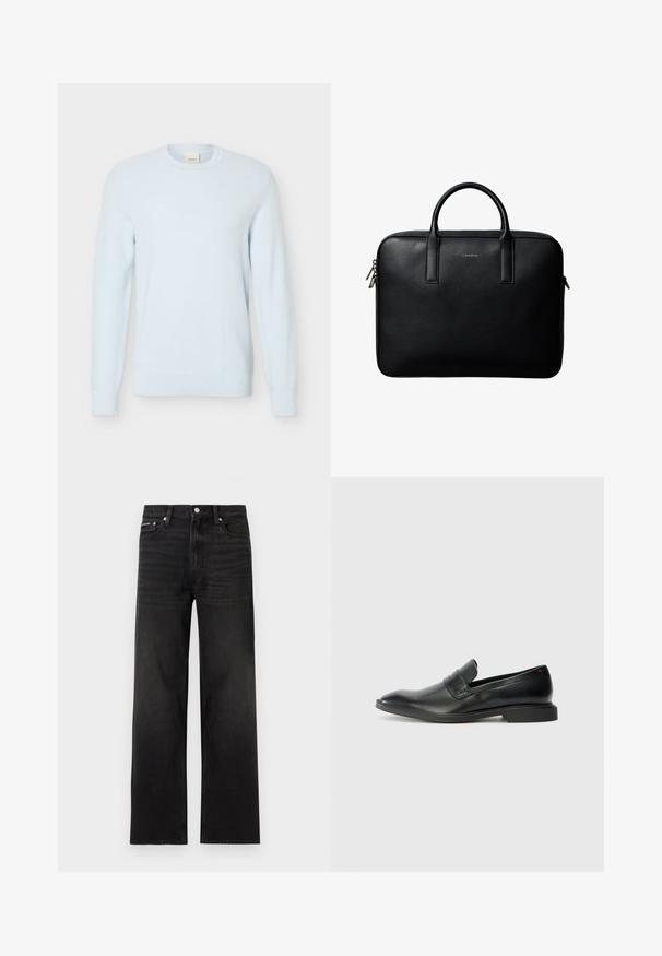 Lyseblå langærmet strikket sweater med rund halsudskæring og tekstureret mønster, vist mod en ensfarvet hvid baggrund.; Sorte jeans med lige ben, fem-lomme design, bæltestropper og knaplukning, vist på en hvid baggrund.; Sorte læder loafers med en glat tekstur, spids tå og lav rektangulær hæl. Har vandret remdetalje på overdelen.; Sort tekstureret lædermappe med dobbelte håndtag og sølv lynlås, centreret på hvid baggrund.