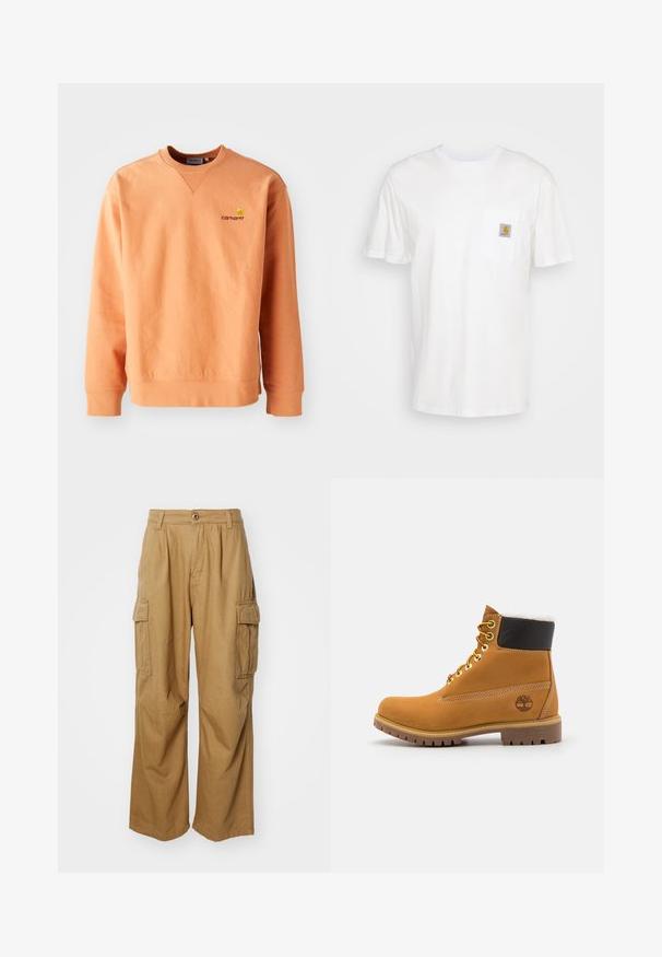 Orange sweatshirt med lange ærmer og rund hals. Ribbet manchetter og kant, med et lille gult Carhartt-logo på brystet. Blød tekstur.; Hvid bomulds T-shirt med korte ærmer, en brystlomme, og et lille firkantet logo patch i orange og hvid på lommen.; Tan cargo bukser med lige ben design, der har to sidelommer og knaplukning. Fremstillet af et blødt, holdbart stof.; Brune læder ankelstøvle med metaløjer, hvid pelsforing, sort polstret krave, robust sål og præget logo på siden.