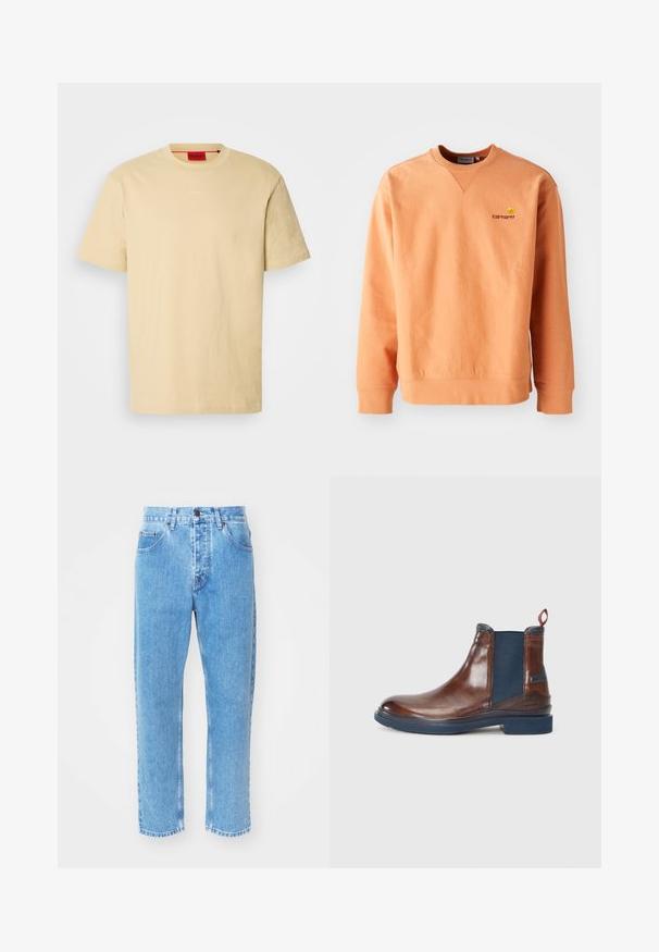 Orange sweatshirt med lange ærmer og rund hals. Ribbet manchetter og kant, med et lille gult Carhartt-logo på brystet. Blød tekstur.; Lys gul bomulds t-shirt med korte ærmer. Har en rund halsudskæring og et subtilt "HUGO" logo på forsiden. Glat tekstur.; Lyseblå denimjeans har en lige ben-design, fem lommer og en klassisk knaplukning i taljen.; Brune læder Chelsea støvle med blå elastiske sidepaneler, rund tå, trækstrop og struktureret detaljering på hælen og sålen.