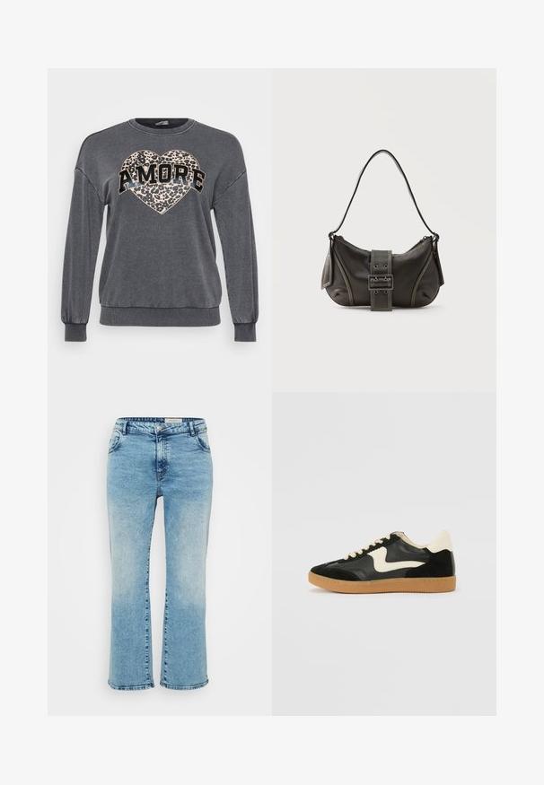 Grauer Pullover mit langen Ärmeln, gerippten Bündchen und rundem Halsausschnitt. Mit einem Leopardenmuster-Herz und dem Wort "AMORE" in fettem schwarzen Text.; Hellblaue Denim-Jeans mit geradem Schnitt, Knopfverschluss, fünf Taschen und dezentem Ausbleichen an den Knien.; Schwarze Wildleder- und Leder-Sneaker mit einem cremefarbenen Seiten-Swoosh und einer hellcremefarbenen Ferse. Ausgestattet mit beige Schnürsenkeln und einer Gummilaufsohle.; Schwarze Leder-Schultertasche mit Schnallengurt-Detail, abgerundeten Kanten und kontrastierenden weißen Nähten auf schlichtem Hintergrund.