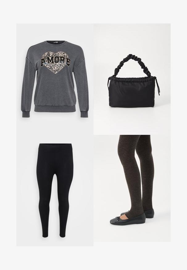 Grå sweatshirt med lange ærmer, ribbede manchetter og rund halsudskæring. Har et leopardprint hjerte og "AMORE" i fed sort tekst.; Sorte leggings med en glat tekstur, høj talje og en tætsiddende form. Har subtile sidelayout langs sømmen.; Ben iført mørke ribbede leggings kombineret med sorte balletsko med små sløjfedetaljer på hvid baggrund.; Sort taske lavet af blødt, glat stof. Har et sammensnoet håndtag og en snørrelukning, med en rektangulær form og ingen synlig hardware.