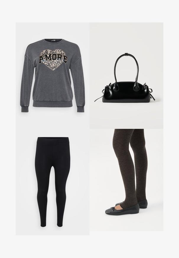 Grå sweatshirt med lange ærmer, ribbede manchetter og rund halsudskæring. Har et leopardprint hjerte og "AMORE" i fed sort tekst.; Sorte leggings med en glat tekstur, høj talje og en tætsiddende form. Har subtile sidelayout langs sømmen.; Ben iført mørke ribbede leggings kombineret med sorte balletsko med små sløjfedetaljer på hvid baggrund.; Lille sort blank håndtaske med to lange håndtag og snøre-detaljer i siden på en ensfarvet lys baggrund.