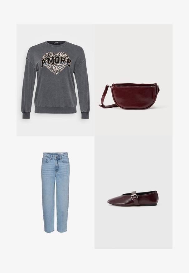 Grå sweatshirt med lange ærmer, ribbede manchetter og rund halsudskæring. Har et leopardprint hjerte og "AMORE" i fed sort tekst.; Lyseblå denimjeans med høj talje, afslappet pasform og lige ben. Har en knaplukning og let falmet effekt på stoffet.; Bordeaux læder ballerina sko med spidse tæer, flad sål og en dekorativ spænde-strop over vristen. Glat, blank tekstur.; Vinrød læderhåndtaske med halvmåneform, lynlås og aftagelig rem. Glat tekstur med en subtil glans.
