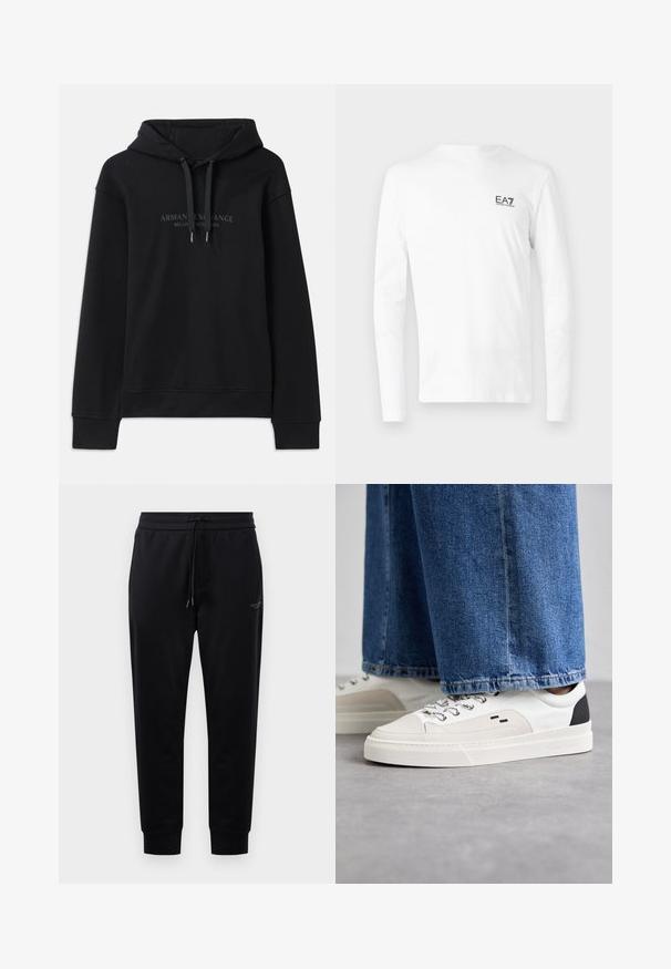 Sort hættetrøje lavet af blødt stof, med snoretræk i hætten og ribbede manchetter. Broderet logo i mørke nuancer på fronten.; Hvid langærmet T-shirt lavet af bomuld, med et lille sort EA7-logo på venstre brystområde. Enkel design med rund halsudskæring.; Sorte sweatpants med snoretræk i taljen, sidelommer og ribbede manchetter. Fremstillet af blødt stof, med en diskret logo-detalje på låret.; Hvide og sorte sneakers med en glat læderoverdel, teksturerede detaljer og en kraftig hvid sål. Har et klassisk snørebåndsdesign.