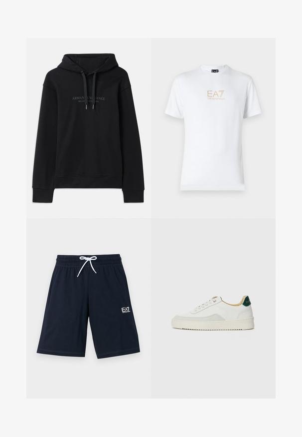 Zwarte hoodie van zacht materiaal, met een capuchon met trekkoord en ribbels aan de mouwen. Geborduurd logo in donkere tinten op de voorkant.; Witte katoenen t-shirt met een ronde halslijn en korte mouwen, voorzien van een gouden EA7 Emporio Armani-logo op de voorkant.; Marineblauwe shorts van zachte stof met een elastische tailleband en een witte koord. Heeft een klein wit logo aan de onderzijde aan de linkerkant.; Witte sneaker met suède accenten, ronde neus, platte veters en een crème rubberen zool. Bevat groene branding op de hiel.